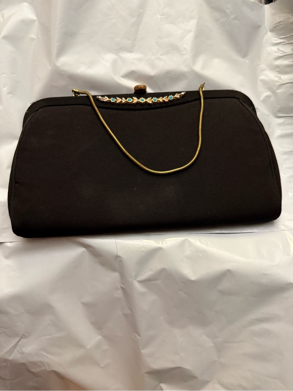 RARE VINTAGE 1950’s Black Evening Clutch with Decorative Golden Floral Jewel